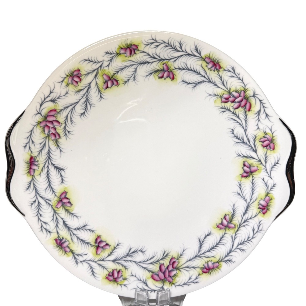 Royal Albert Heather Bell Bone China Cake Plate Silver Trim England Vintage 9.5"